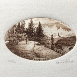 Oval-shaped print of view from Bluffs park with trees, path and hut